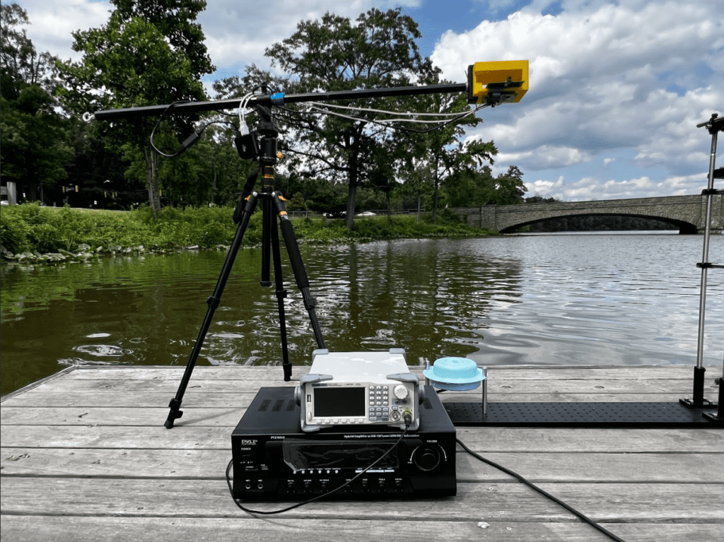 Electronic equipment on a wooden platform on a lake